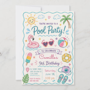 Invitación Fiesta de Piscina Dibujada a Mano Cumpleaños de Ve