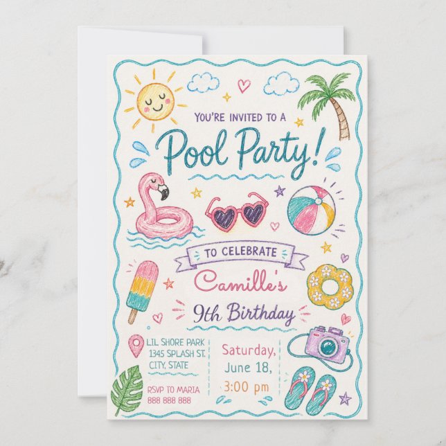 Invitación Fiesta de Piscina Dibujada a Mano Cumpleaños de Ve (Anverso)