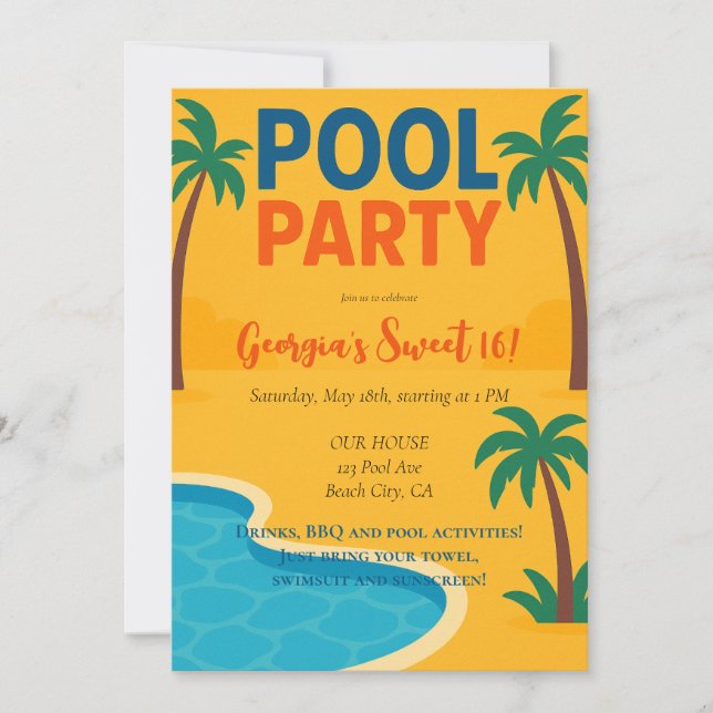Invitación Fiesta de Piscina Diversión de Verano  (Anverso)