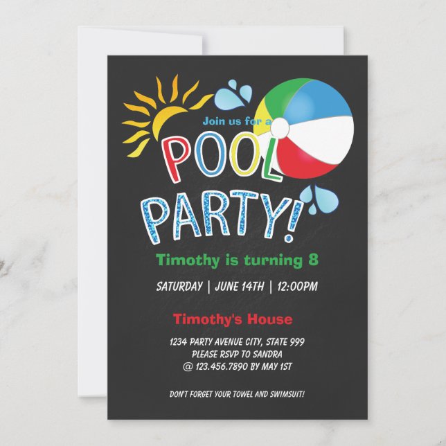 Invitación Fiesta de piscina Diversión de verano de cumpleaño (Anverso)
