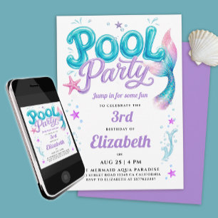Invitación Fiesta de Piscina Divertida Cola de Sirena Azul P