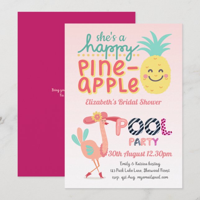 Invitación Fiesta de Piscina Divertida de Flamencos Tropicale (Anverso / Reverso)