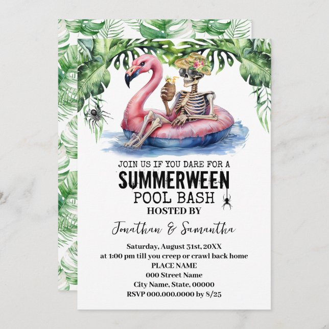 Invitación Fiesta de piscina Esqueleto Tropical Summerween (Anverso / Reverso)