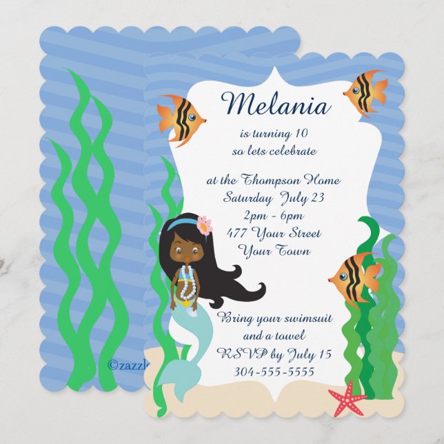 Invitación Fiesta de Piscina Étnica de Cumpleaños de Sirena (Anverso / Reverso)