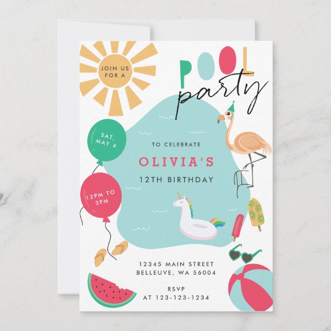 Invitación Fiesta de piscina fiesta de cumpleaños brillante (Anverso)