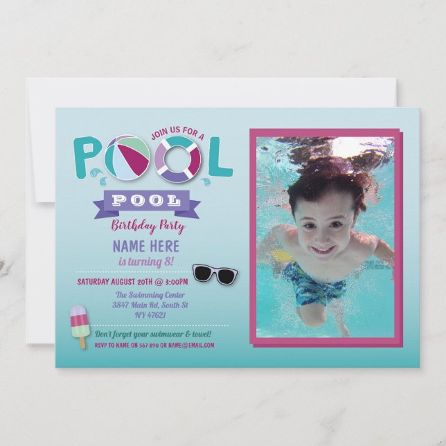 Invitación Fiesta de piscina Flota de playa de cumpleaños fot (Anverso)