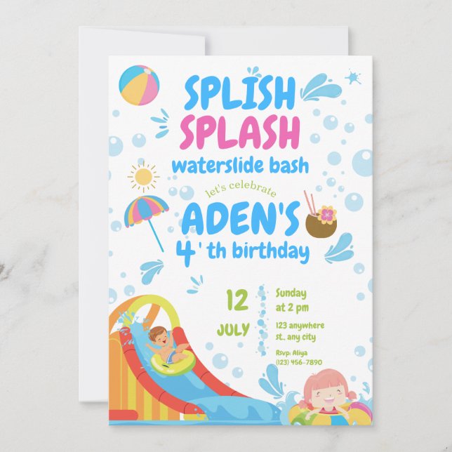 Invitación Fiesta de piscina inflable azul y rosa (Anverso)