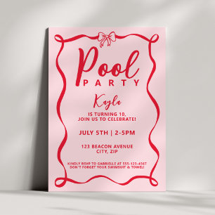 Invitación Fiesta de Piscina Lazo Rojo Coqueto Rosa Ondulado