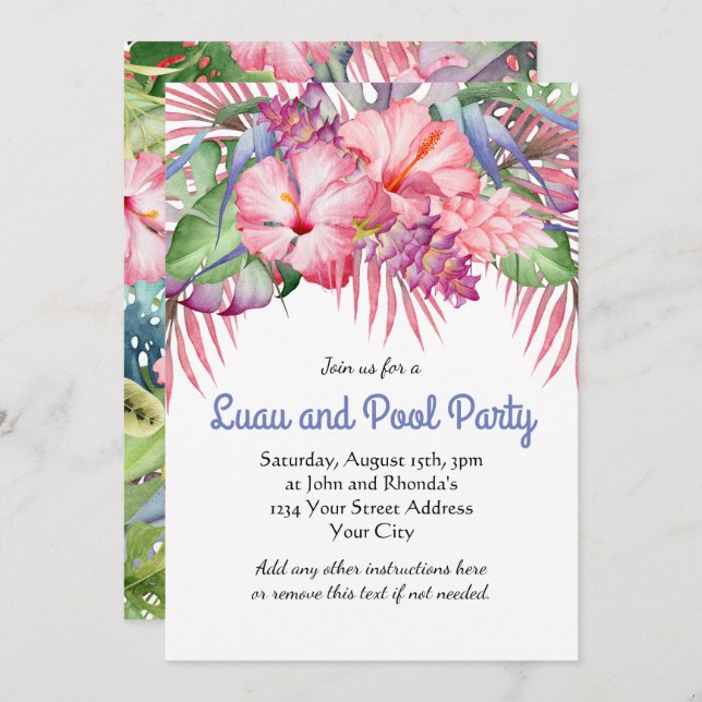 Invitación Fiesta de Piscina Luau Floral Tropical Aloha (Anverso / Reverso)