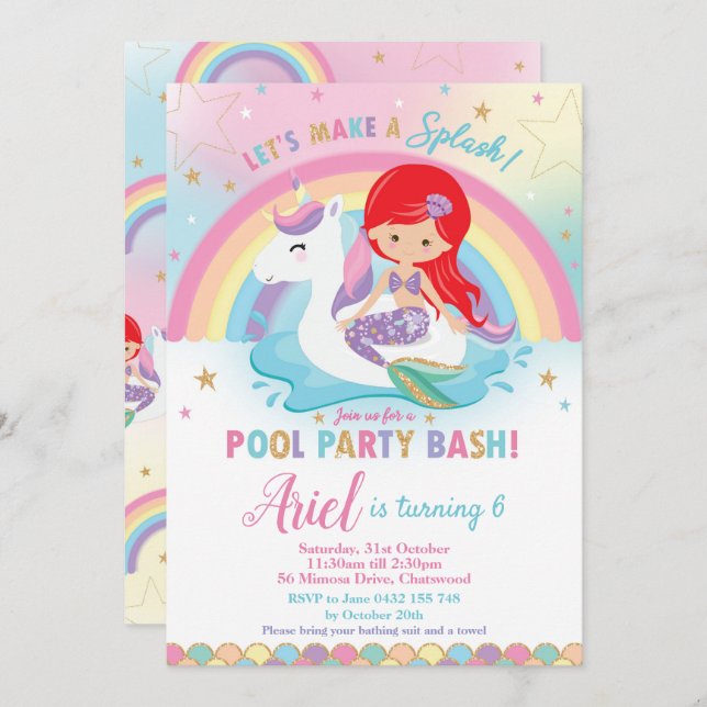 Invitación Fiesta de Piscina Mermaid Unicorn Chica de pelo ro (Anverso / Reverso)