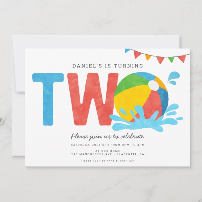 Invitación Fiesta de piscina Minimalista moderna segundo cump (Anverso)