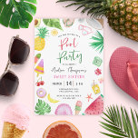 Invitación Fiesta de piscina moderna verano dulce 16 cumpleañ<br><div class="desc">Una moderna y moda piscina fiesta de verano temática invitación al cumpleaños para los dulces dieciséis con divertidos y coloridos elementos acuáticos como hojas tropicales, coco, gafas de sol, piñas, paletas, conchas, cámara, flores, aguacate, sandía, donut, cerezo y bebida de cóctel. En la parte trasera hay una estribería de verano...</div>