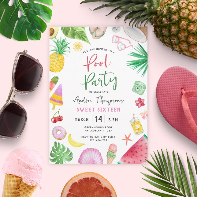 Invitación Fiesta de piscina moderna verano dulce 16 cumpleañ (Subido por el creador)
