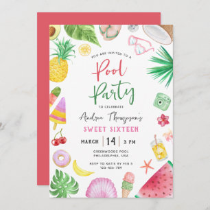 Invitación Fiesta de piscina moderna verano dulce dieciséis c