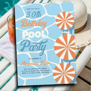Invitación Fiesta de piscina Naranja azul verano Umbrellas Cu