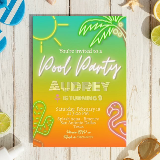Invitación Fiesta de Piscina Neon Tropical (Pool Party Neon Tropical Invitation)