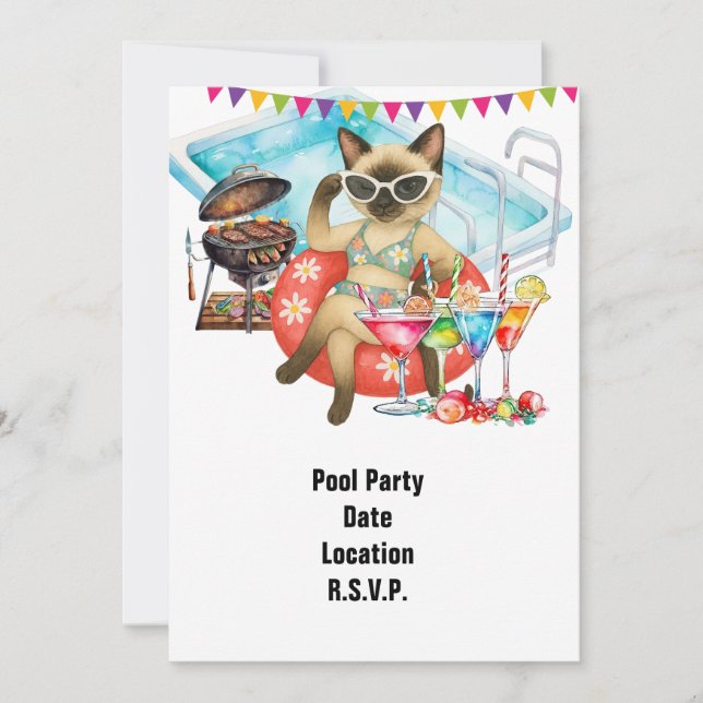 Invitación Fiesta de Piscina para Amantes de Gatos  (Anverso)