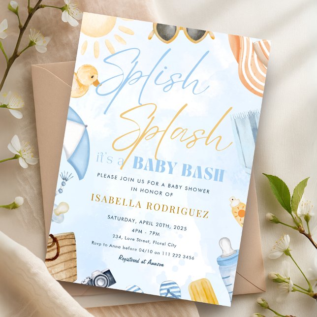 Invitación Fiesta de Piscina para Baby Shower Splash Baby Bas (Pool Party Baby Shower Splish Splash Baby Bash Invitation)