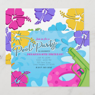 Invitación Fiesta de Piscina para Chicas Pistola de Agua para
