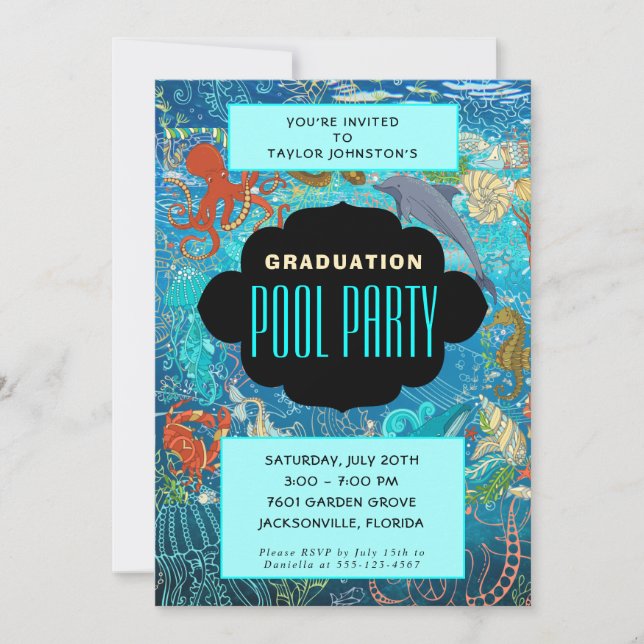 Invitación Fiesta de Piscina para graduación de Vida Marina e (Anverso)