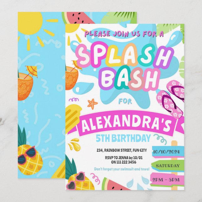 Invitación Fiesta de Piscina para Niñas Splash de Verano Rosa (Anverso / Reverso)