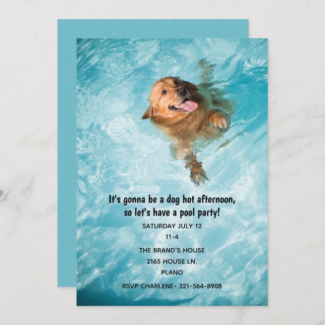 Invitación Fiesta de Piscina para Perros Nadadores (Anverso / Reverso)