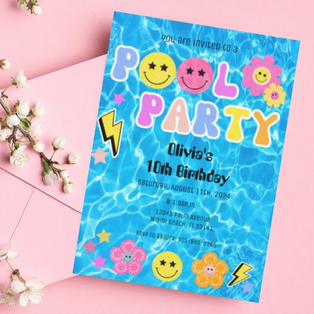 Invitación Fiesta de piscina Retro Preppy Y2K Feliz Cumpleaño (Subido por el creador)