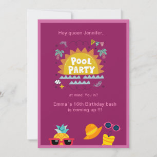 Invitación fiesta de piscina rosa adolescente cumpleaños spla