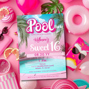 Invitación Fiesta de Piscina Rosa Brillante Femenina Dulces 1