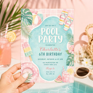 Invitación Fiesta de Piscina Rosa de Verano: Cumpleaños de Ch