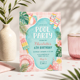 Invitación Fiesta de Piscina Rosa de Verano: Cumpleaños de Ch
