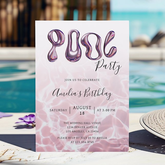 Invitación Fiesta de piscina rosa de verano moderno Cumpleaño (Subido por el creador)
