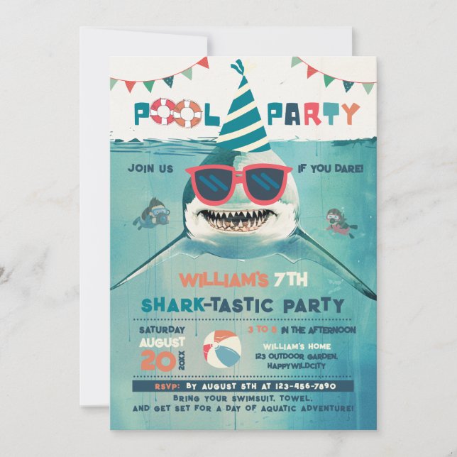 Invitación Fiesta de Piscina Sharktastic (Anverso)
