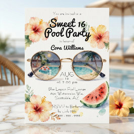 Invitación Fiesta de Piscina Sweet 16 Acuarela Tropical Hibis