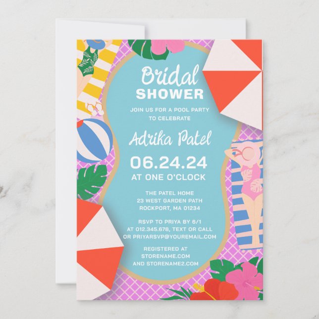 Invitación Fiesta de piscina tropical Boho Bridal Shower (Anverso)