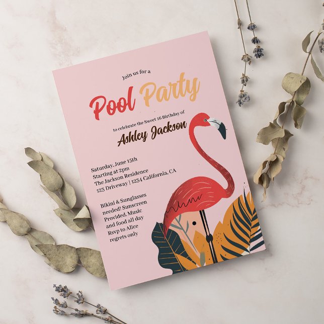 Invitación Fiesta de piscina tropical brillante Flamingo rosa (Subido por el creador)