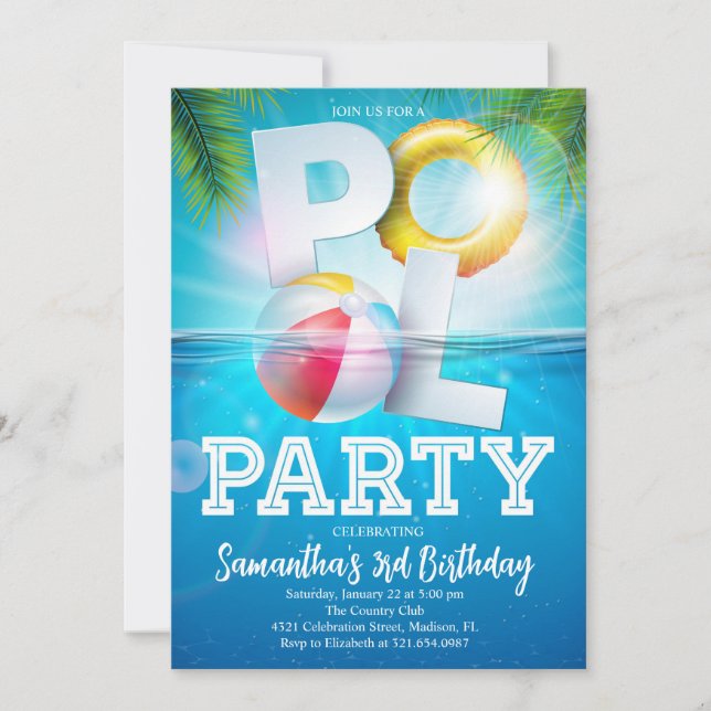Invitación Fiesta de piscina tropical Cumpleaños (Anverso)