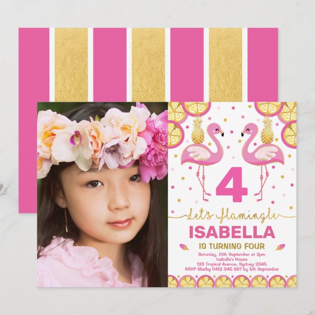 Invitación Fiesta de piscina tropical de oro rosado Flamingo  (Anverso / Reverso)