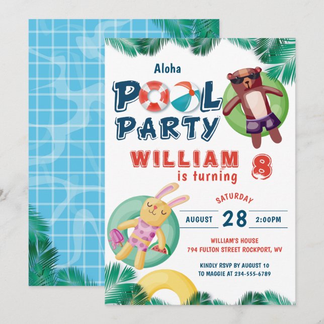 Invitación Fiesta de piscina tropical de verano cumpleaños (Anverso / Reverso)