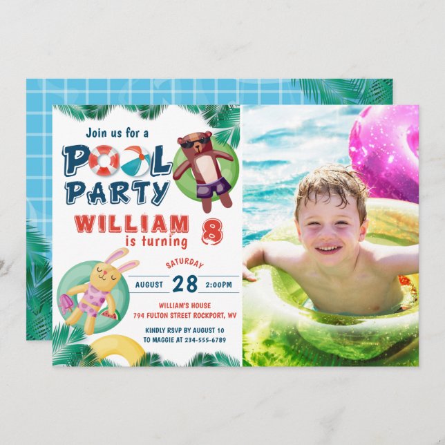 Invitación Fiesta de piscina tropical de verano foto de cumpl (Anverso / Reverso)