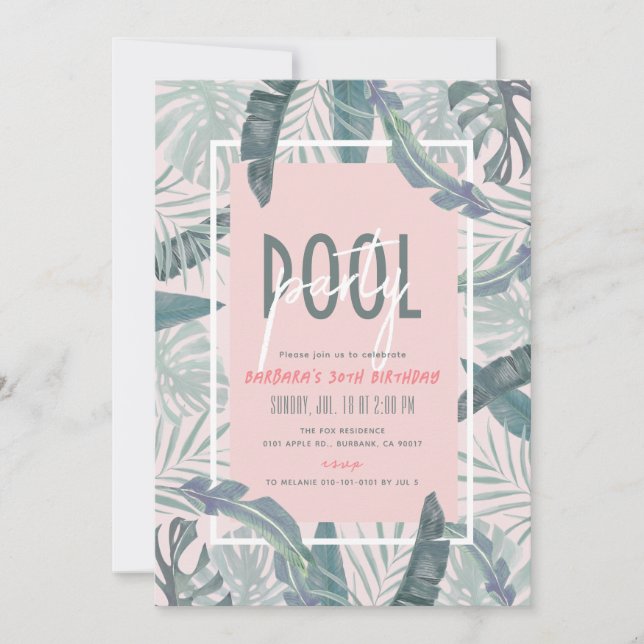 Invitación Fiesta de piscina tropical deja adultos rosados Cu (Anverso)