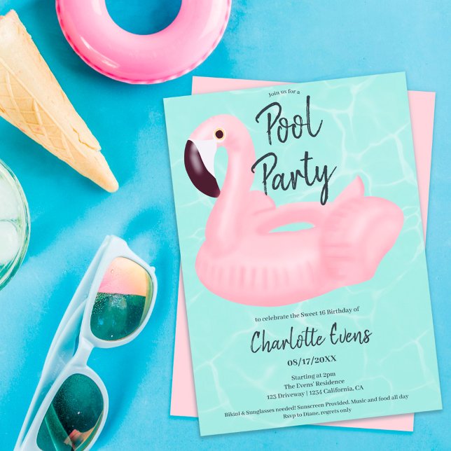 Invitación Fiesta de piscina tropical flamingo rosa Dulce 16 (Subido por el creador)