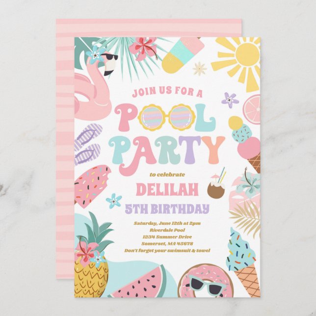 Invitación Fiesta de piscina tropical piscina de verano fiest (Anverso / Reverso)