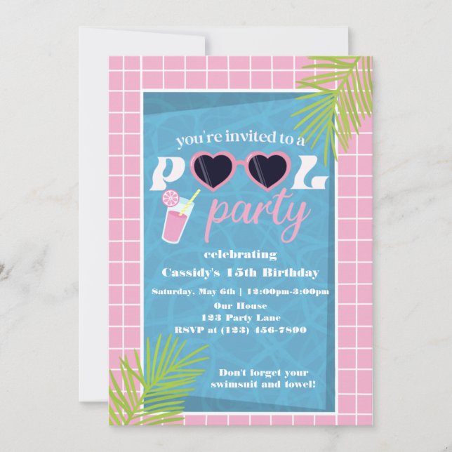 Invitación Fiesta de piscina tropical rosa brillante rosa bri (Anverso)