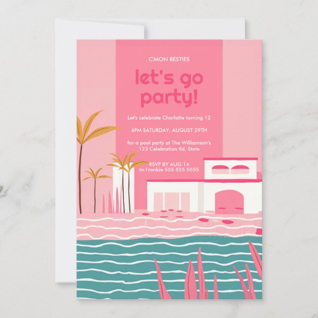 Invitación Fiesta de piscina tropical  rosa retro cumpleaños (Anverso)