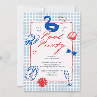 Invitación Fiesta de Piscina Veraniega Ilustrada Azul Rojo Ju