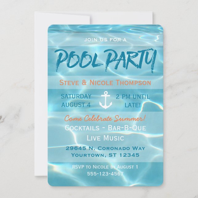 Invitación Fiesta de piscina  verano acuático Naranja y blanc (Anverso)
