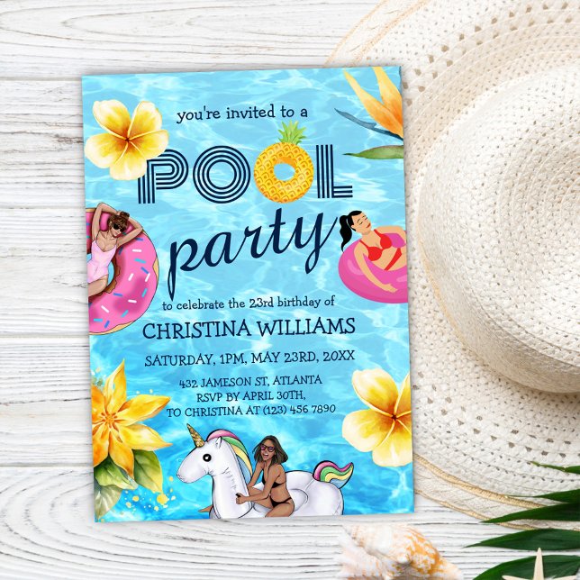 Invitación Fiesta de piscina verano tropical moderno cumpleañ (Pool Party Modern Tropical Summer Birthday Invitation)