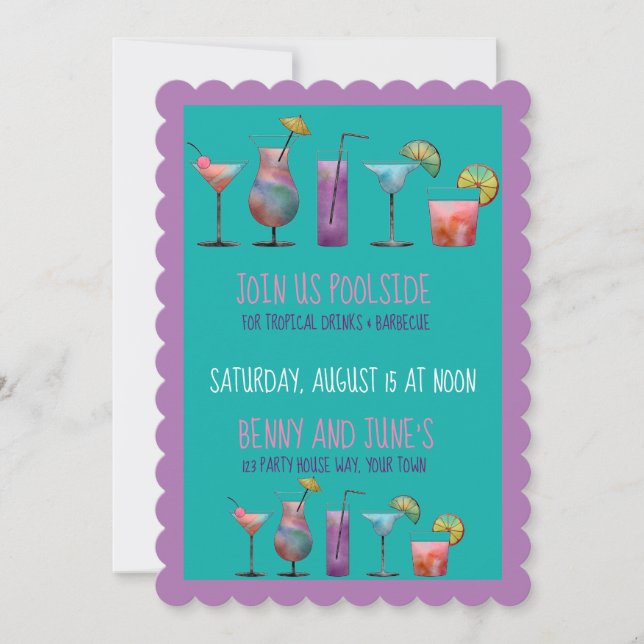 Invitación Fiesta de piscina y bebidas tropicales (Anverso)
