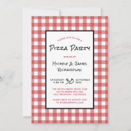 Invitación Fiesta de Pizza a Cuadros Clásicos Negro Rojo Blan